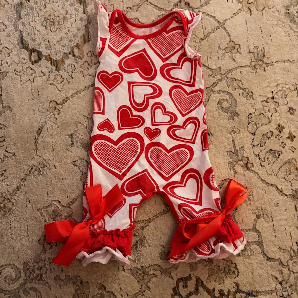 Red Heart Print Baby Romper 12-18 months with satin ribbon bows